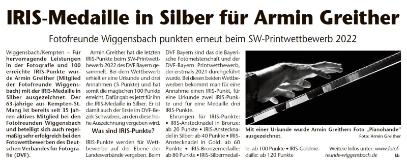 IRIS-Medaille in Silber für Armin Greither